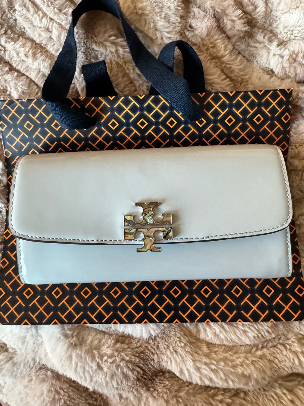 Tory Burch Pale Blue Leather Logo Flap Wallet